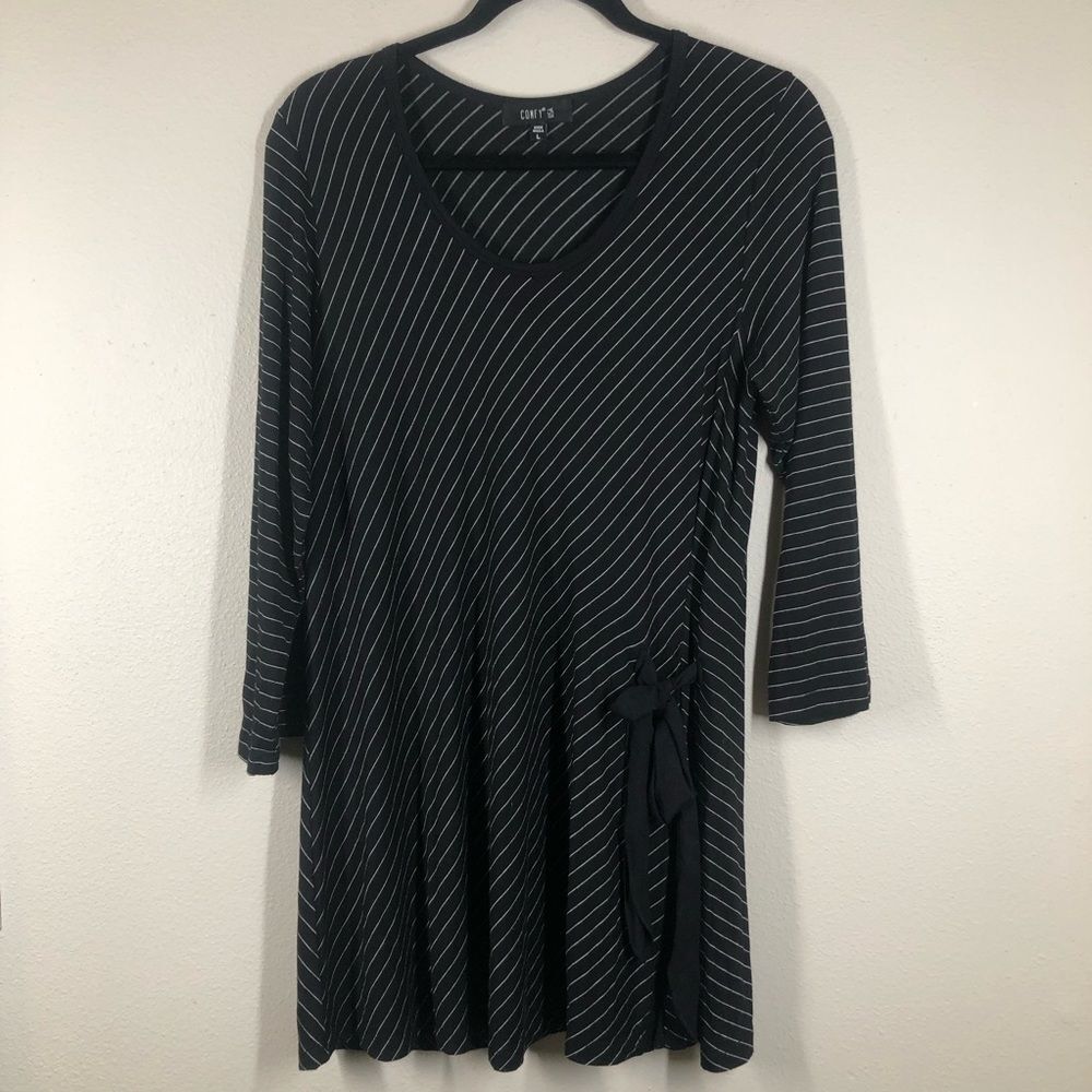 Comfy USA Striped Jersey Knit Tunic Top Stretch Black White Side Tie Large